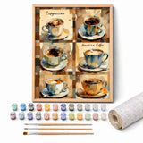 Coffee Collection Paint by Numbers Kit: complete kit with framed artwork, numbered paint pots and brushes