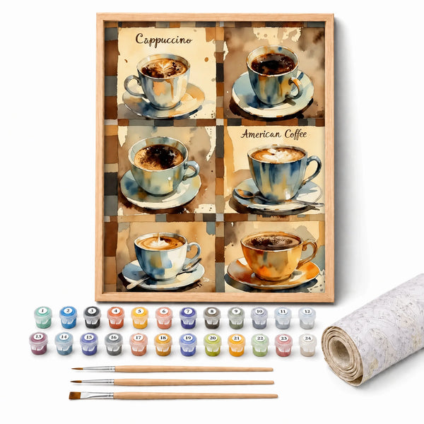 Coffee Collection Paint by Numbers Kit: complete kit with framed artwork, numbered paint pots and brushes