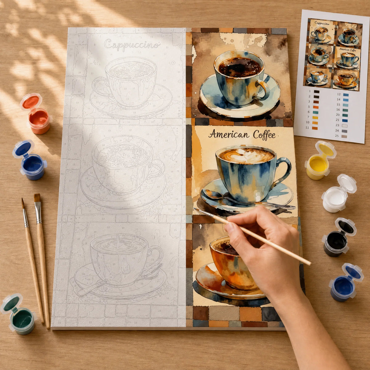 Coffee Collection Paint by Numbers Kit: before and after: numbered canvas and hand painted result