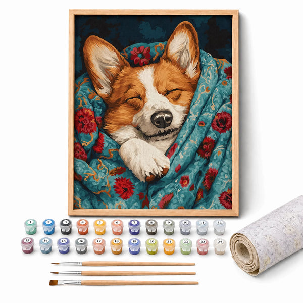 Corgi Nap Paint by Numbers Kit: complete kit with framed artwork, numbered paint pots and brushes
