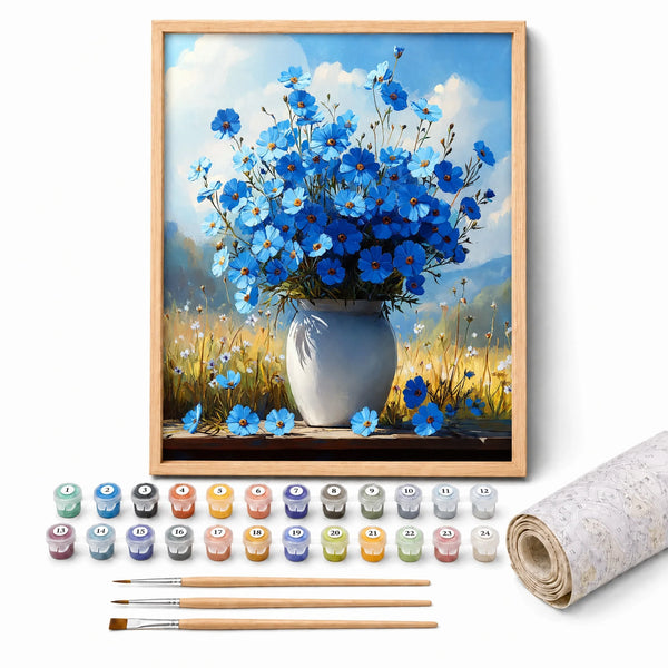 Cornflower Vase Paint by Numbers Kit: complete kit with framed artwork, numbered paint pots and brushes