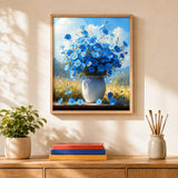 Cornflower Vase Paint by Numbers Kit: finished canvas displayed in a living room