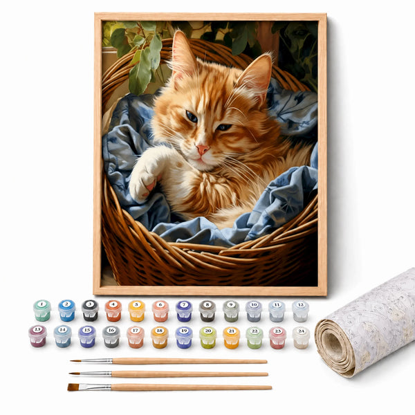 Cozy Basket Cat Paint by Numbers Kit: complete kit with framed artwork, numbered paint pots and brushes