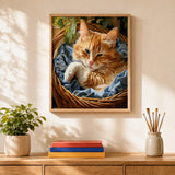 Cozy Basket Cat Paint by Numbers Kit: finished canvas displayed in a living room