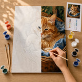 Cozy Basket Cat Paint by Numbers Kit: before and after: numbered canvas and hand painted result