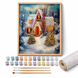 Cozy Christmas House Paint by Numbers Kit: complete kit with framed artwork, numbered paint pots and brushes