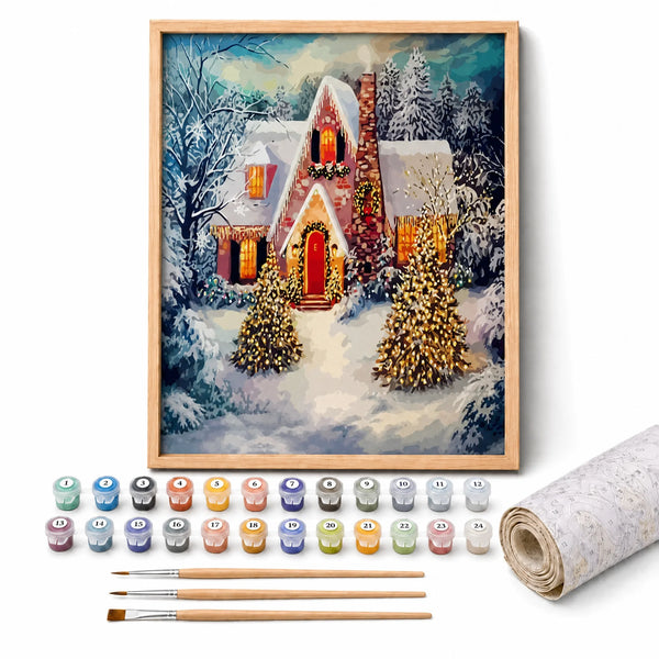 Cozy Christmas House Paint by Numbers Kit: complete kit with framed artwork, numbered paint pots and brushes