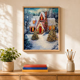 Cozy Christmas House Paint by Numbers Kit: finished canvas displayed in a living room