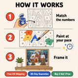 Cozy Christmas House Paint by Numbers Kit: how paint by numbers works step by step