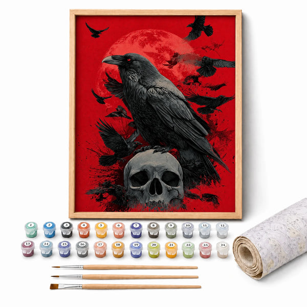Crimson Raven Skull Paint by Numbers Kit: complete kit with framed artwork, numbered paint pots and brushes