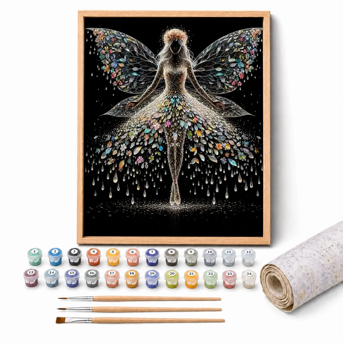 Crystal Fairy Paint by Numbers Kit: complete kit with framed artwork, numbered paint pots and brushes