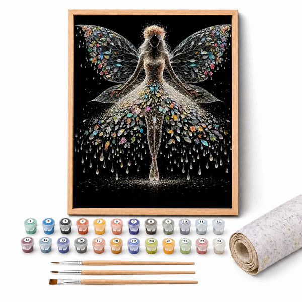Crystal Fairy Paint by Numbers Kit: complete kit with framed artwork, numbered paint pots and brushes