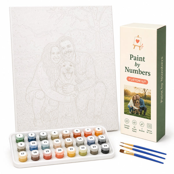 custom paint by numbers kit: personalized numbered canvas, paints and brushes on white background | Custom Paint by Numbers Canvas