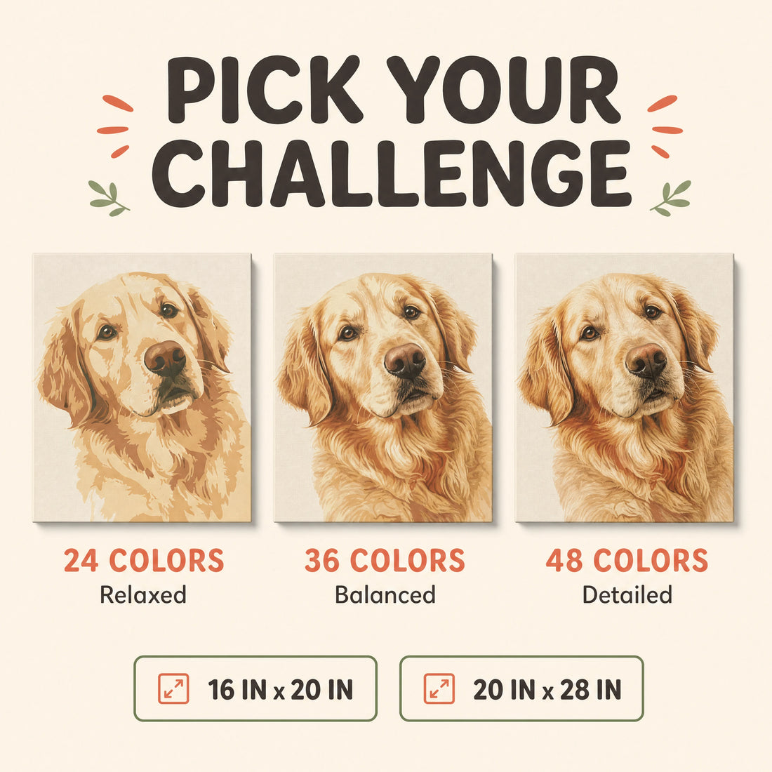 infographic: pick your challenge, 24, 36 or 48 colors, two canvas sizes | Custom Paint by Numbers Canvas