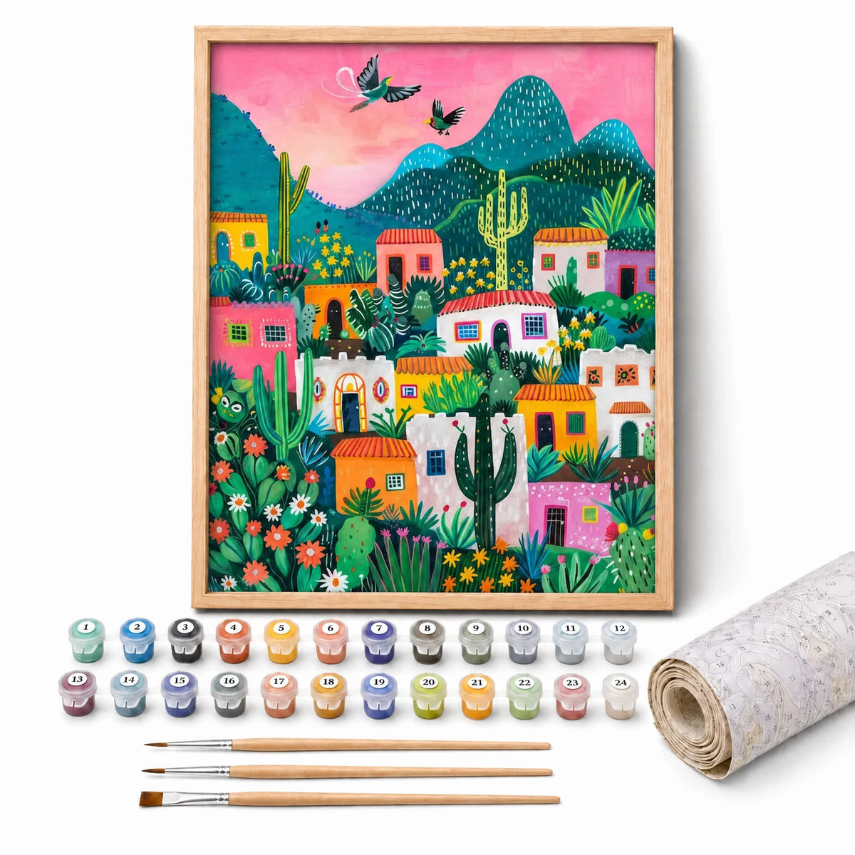 Desert Folk Village Paint by Numbers Kit: complete kit with framed artwork, numbered paint pots and brushes