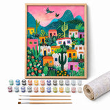 Desert Folk Village Paint by Numbers Kit: complete kit with framed artwork, numbered paint pots and brushes