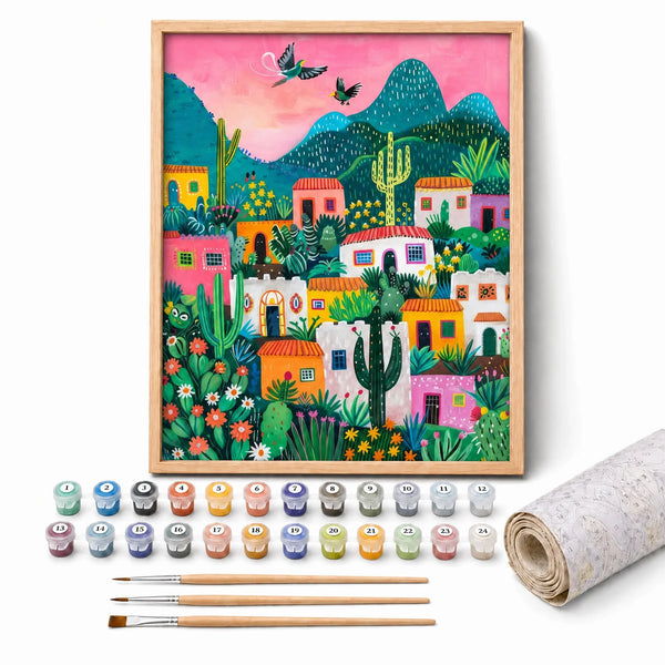 Desert Folk Village Paint by Numbers Kit: complete kit with framed artwork, numbered paint pots and brushes