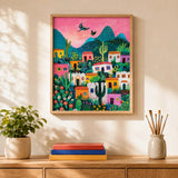 Desert Folk Village Paint by Numbers Kit: finished canvas displayed in a living room