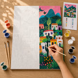 Desert Folk Village Paint by Numbers Kit: before and after: numbered canvas and hand painted result