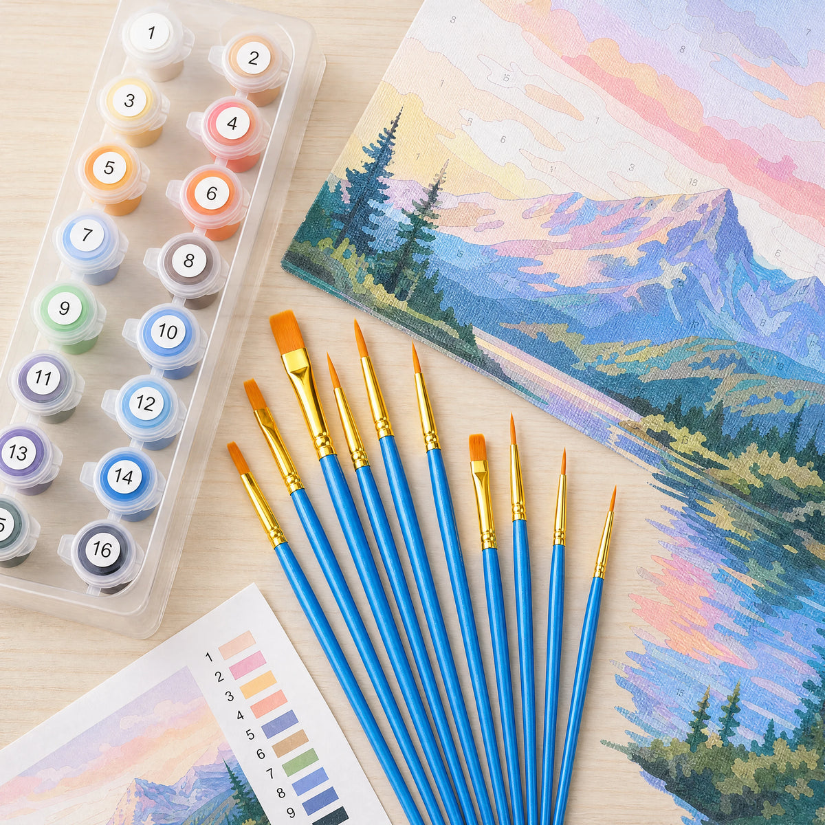 ten brushes with numbered paint pots and canvas flat lay | Detail Paint Brush Set of 8 + 2 FREE