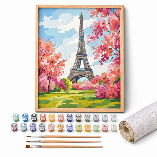 Eiffel Tower in Bloom Paint by Numbers Kit: complete kit with framed artwork, numbered paint pots and brushes