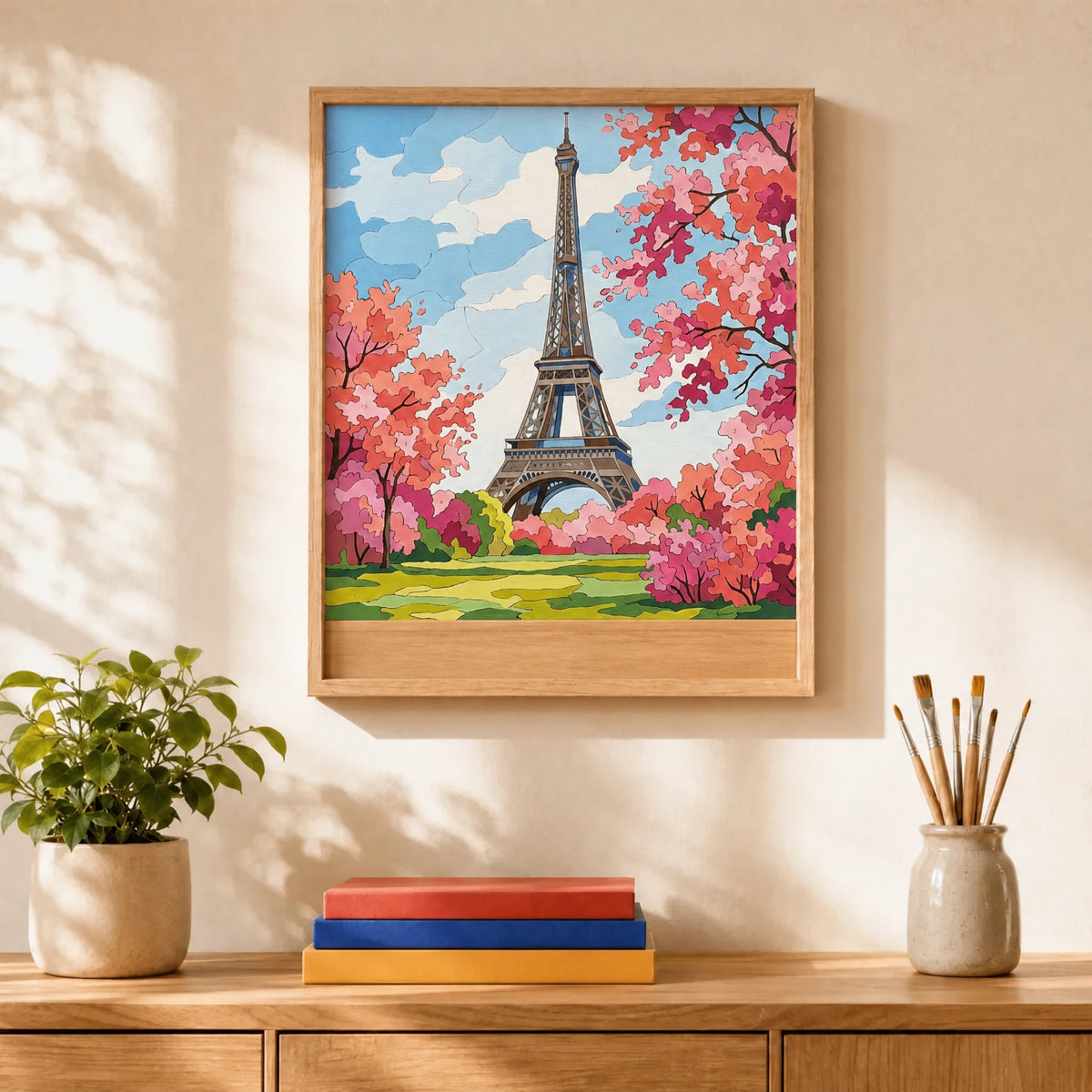 Eiffel Tower in Bloom Paint by Numbers Kit: finished canvas displayed in a living room
