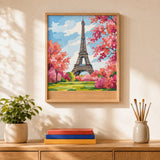 Eiffel Tower in Bloom Paint by Numbers Kit: finished canvas displayed in a living room