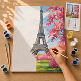 Eiffel Tower in Bloom Paint by Numbers Kit: before and after: numbered canvas and hand painted result