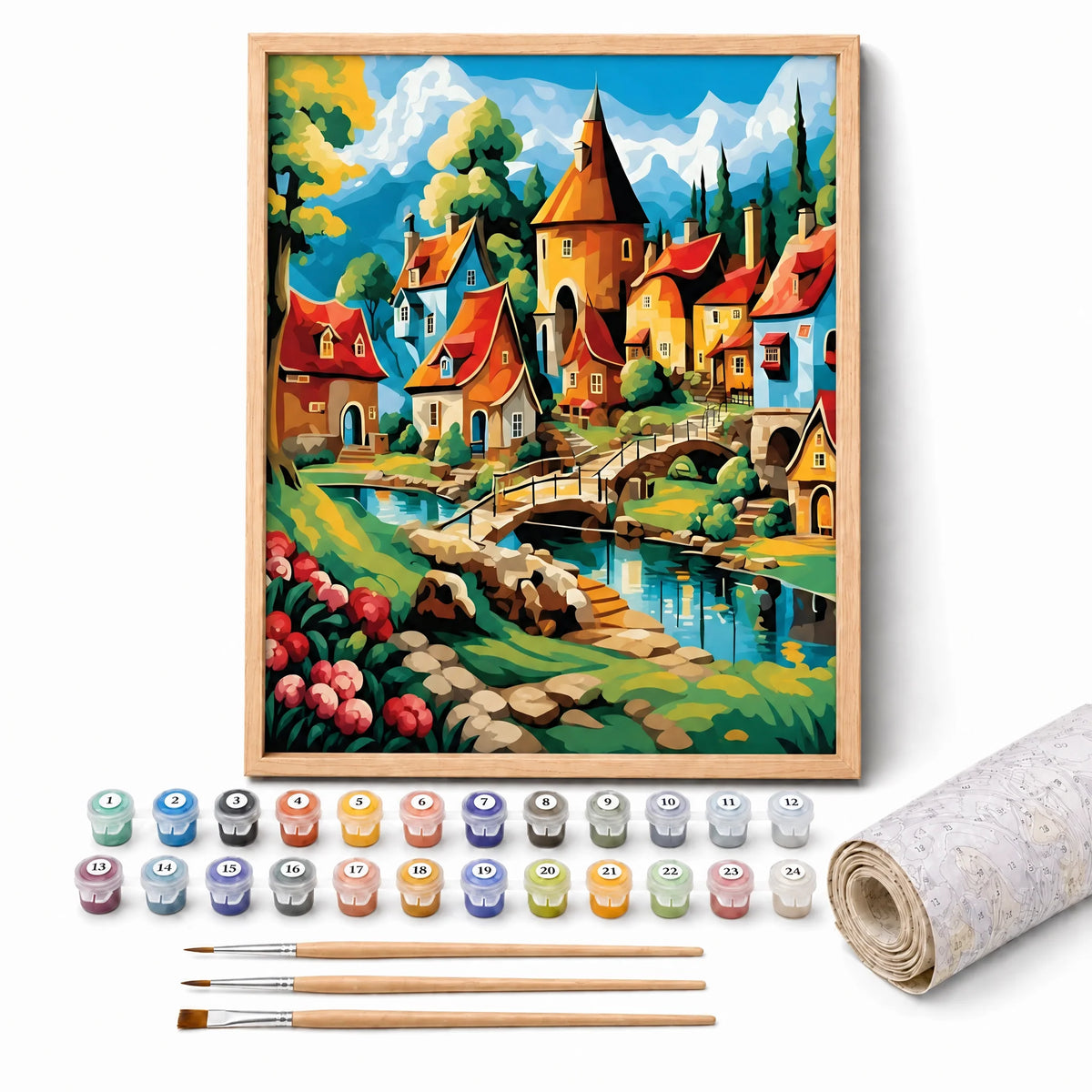 Fairytale Village Paint by Numbers Kit: complete kit with framed artwork, numbered paint pots and brushes