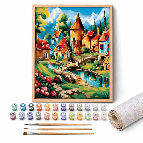 Fairytale Village Paint by Numbers Kit: complete kit with framed artwork, numbered paint pots and brushes