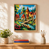 Fairytale Village Paint by Numbers Kit: finished canvas displayed in a living room