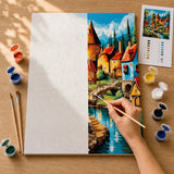 Fairytale Village Paint by Numbers Kit: before and after: numbered canvas and hand painted result