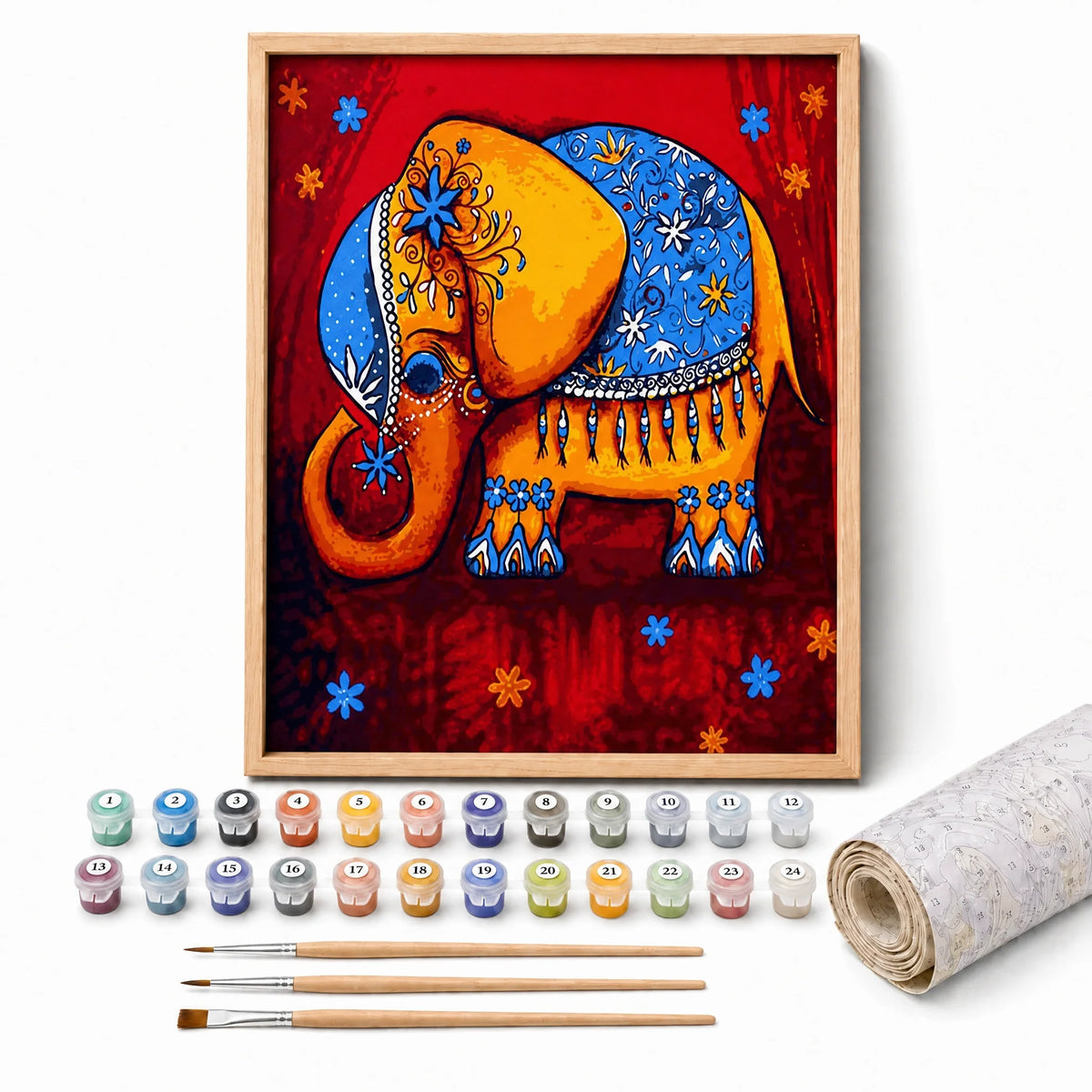 Festival Elephant Paint by Numbers Kit: complete kit with framed artwork, numbered paint pots and brushes