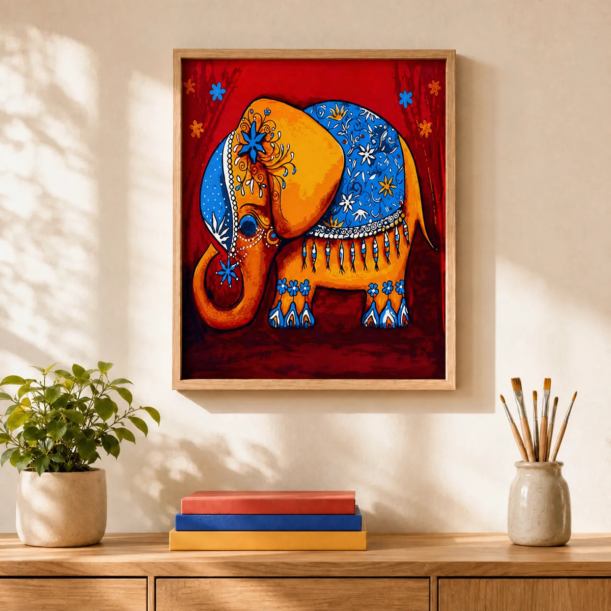 Festival Elephant Paint by Numbers Kit: finished canvas displayed in a living room