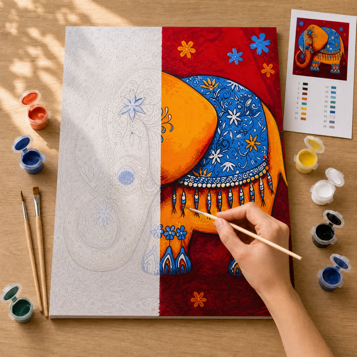 Festival Elephant Paint by Numbers Kit: before and after: numbered canvas and hand painted result