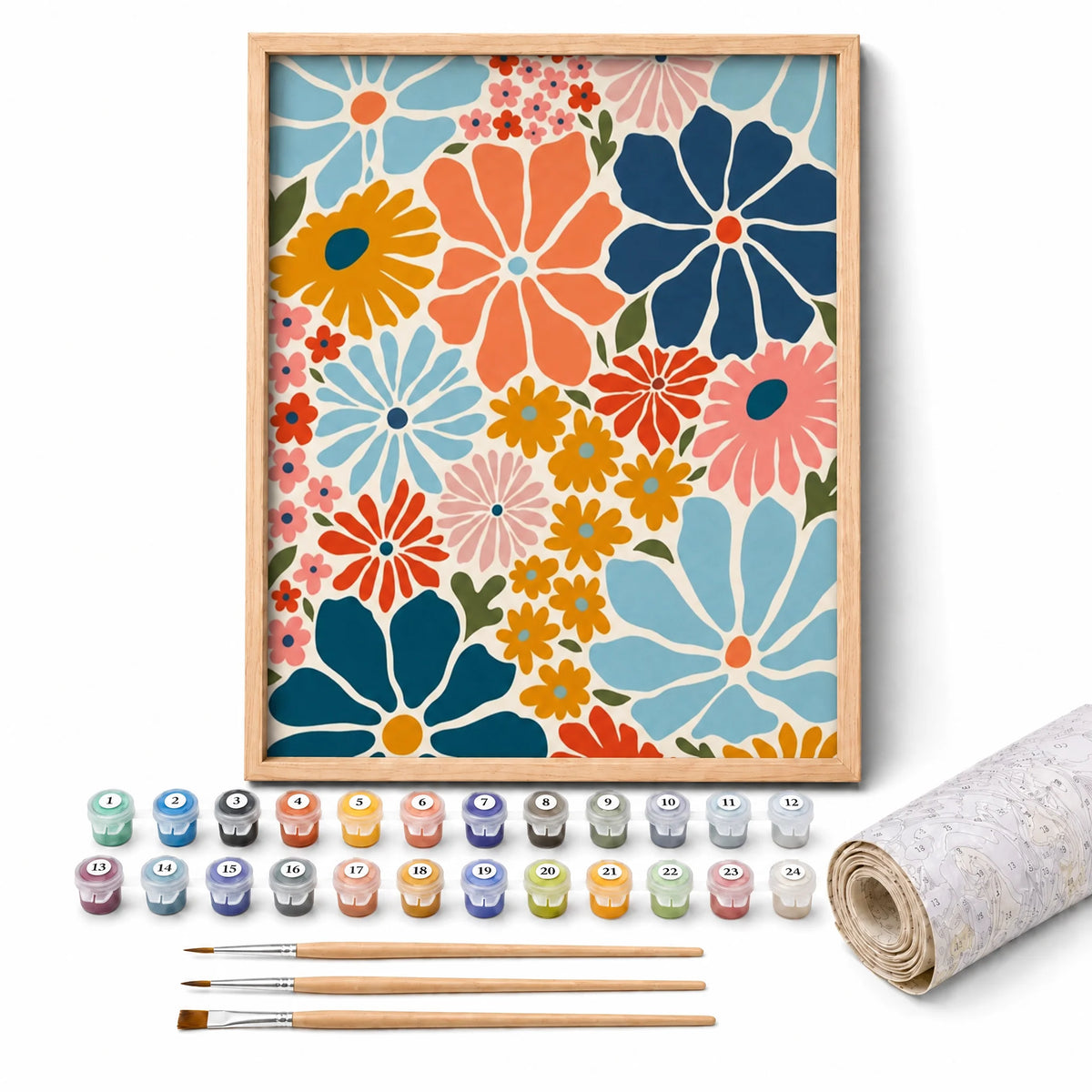 Flower Power Paint by Numbers Kit: complete kit with framed artwork, numbered paint pots and brushes