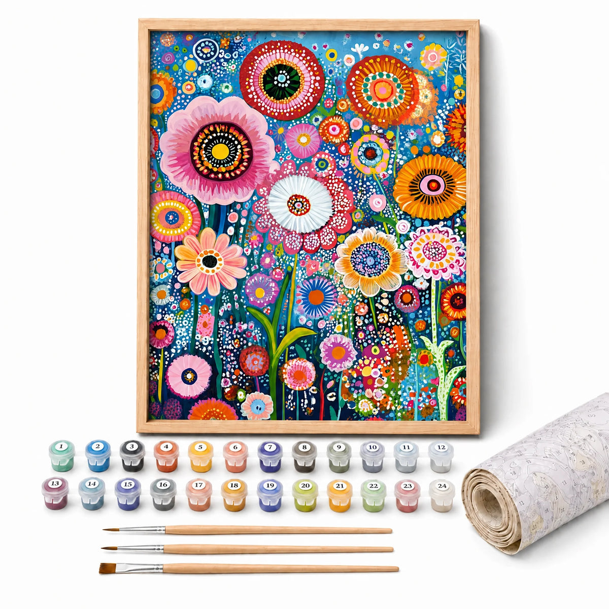 Folk Flower Garden Paint by Numbers Kit: complete kit with framed artwork, numbered paint pots and brushes
