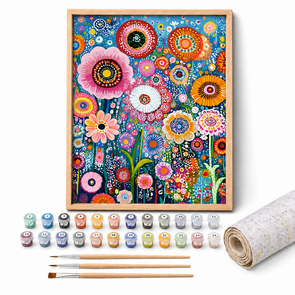 Folk Flower Garden Paint by Numbers Kit: complete kit with framed artwork, numbered paint pots and brushes