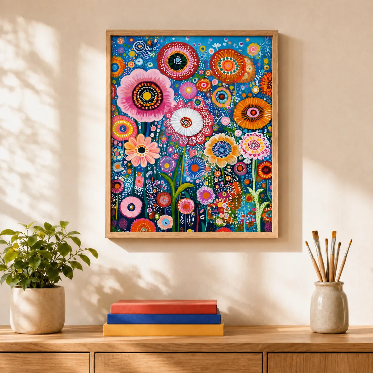 Folk Flower Garden Paint by Numbers Kit: finished canvas displayed in a living room