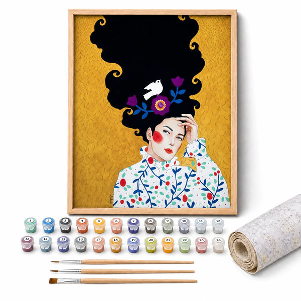 Folk Muse Paint by Numbers Kit: complete kit with framed artwork, numbered paint pots and brushes