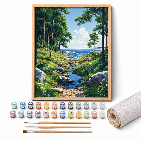Forest Path to the Sea Paint by Numbers Kit: complete kit with framed artwork, numbered paint pots and brushes