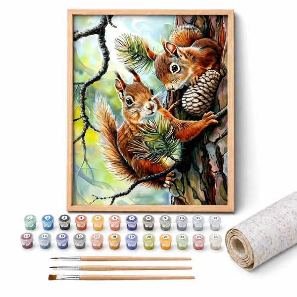 Forest Squirrels Paint by Numbers Kit: complete kit with framed artwork, numbered paint pots and brushes