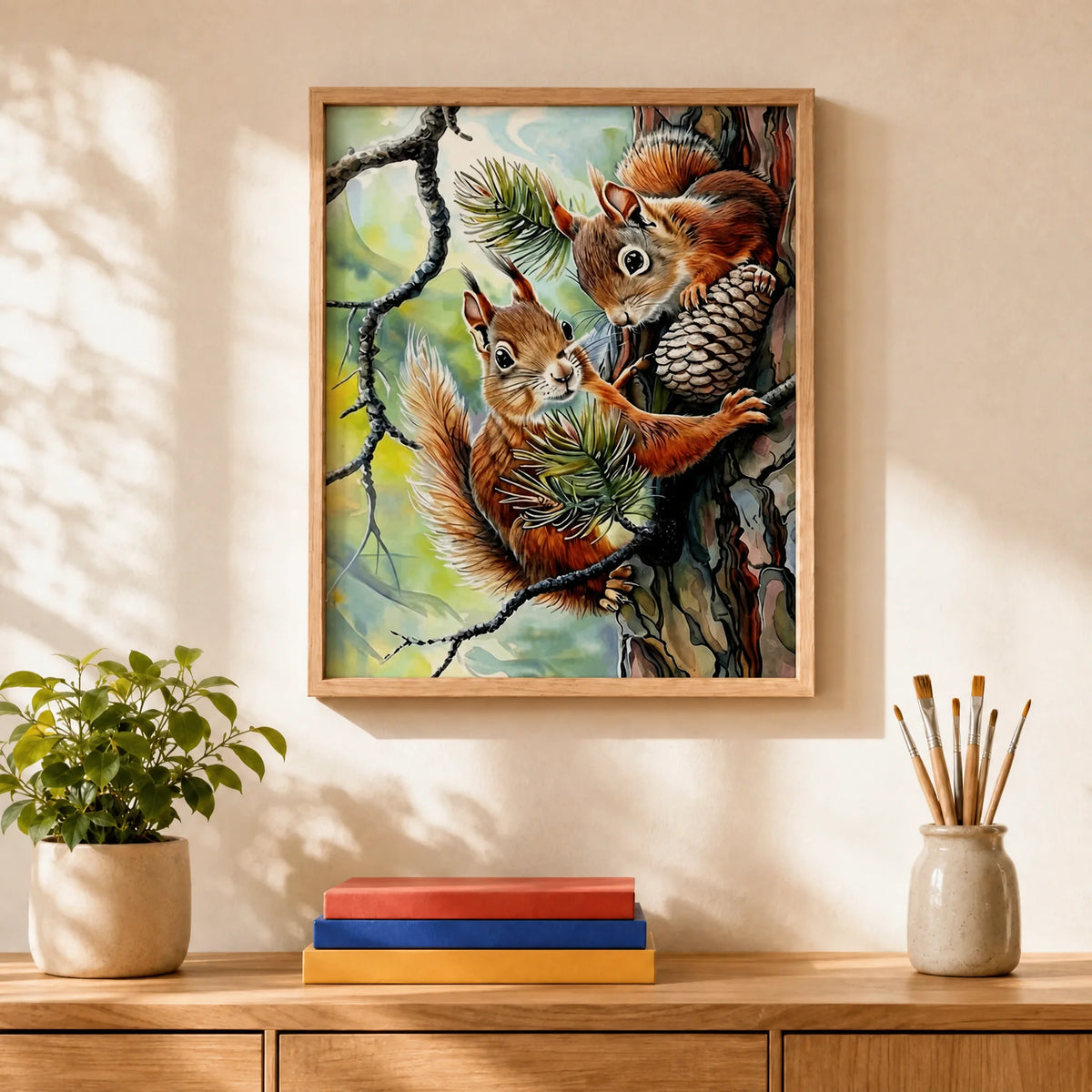 Forest Squirrels Paint by Numbers Kit: finished canvas displayed in a living room