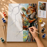 Forest Squirrels Paint by Numbers Kit: before and after: numbered canvas and hand painted result