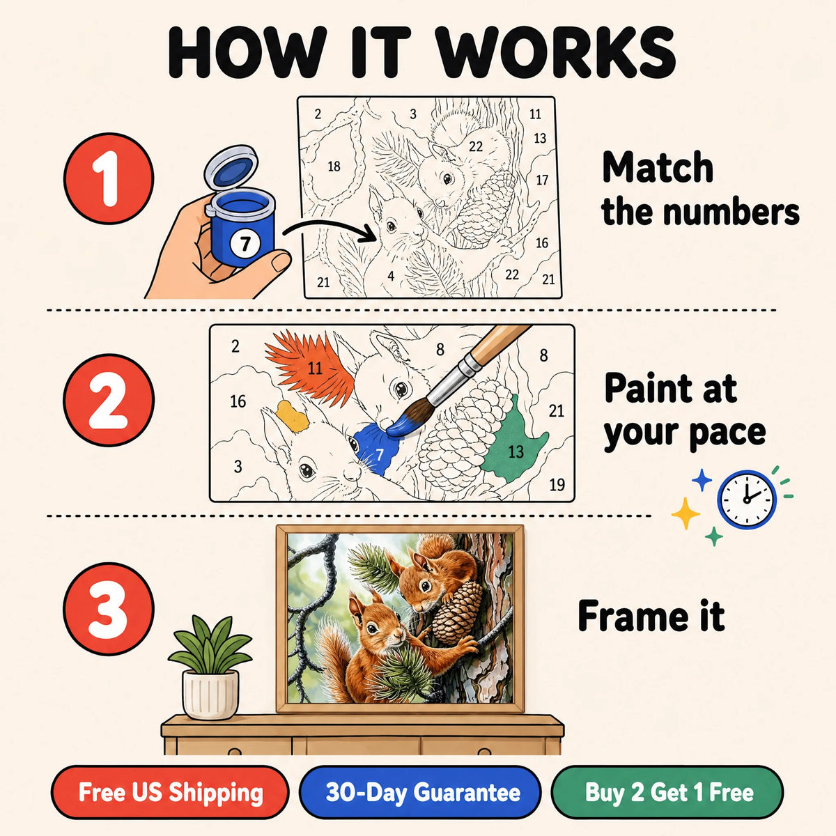 Forest Squirrels Paint by Numbers Kit: how paint by numbers works step by step