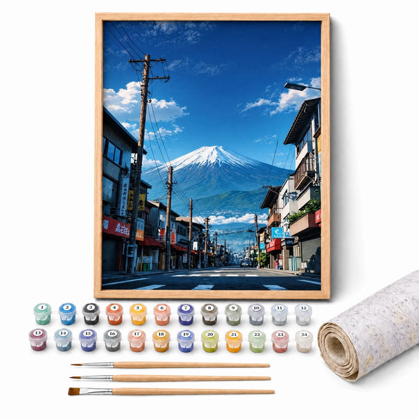 Fuji Street View Paint by Numbers Kit: complete kit with framed artwork, numbered paint pots and brushes