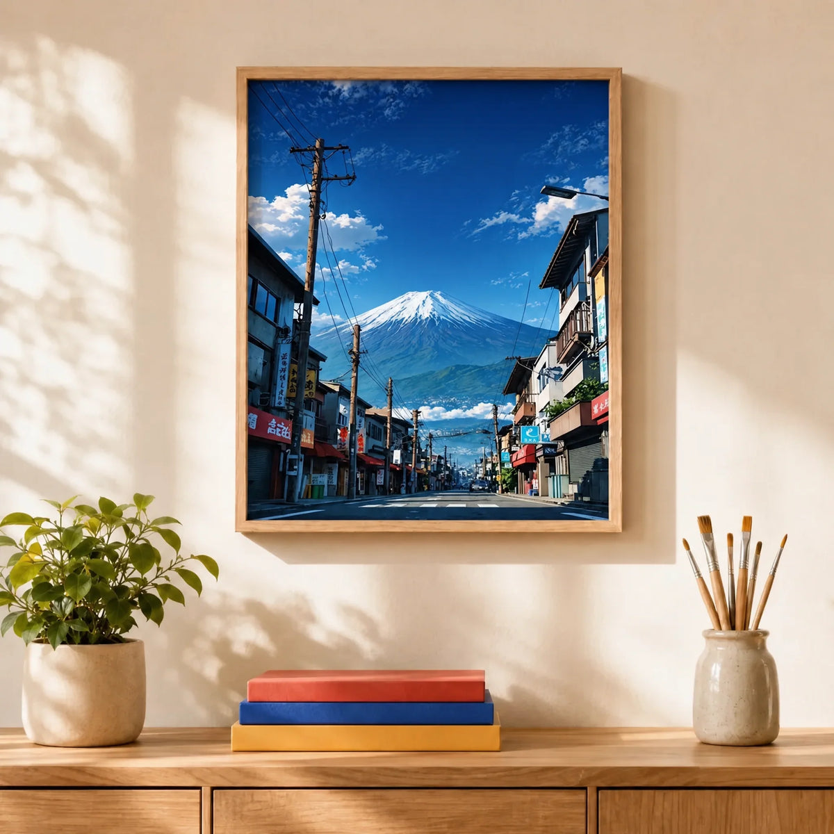 Fuji Street View Paint by Numbers Kit: finished canvas displayed in a living room