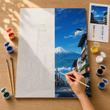 Fuji Street View Paint by Numbers Kit: before and after: numbered canvas and hand painted result