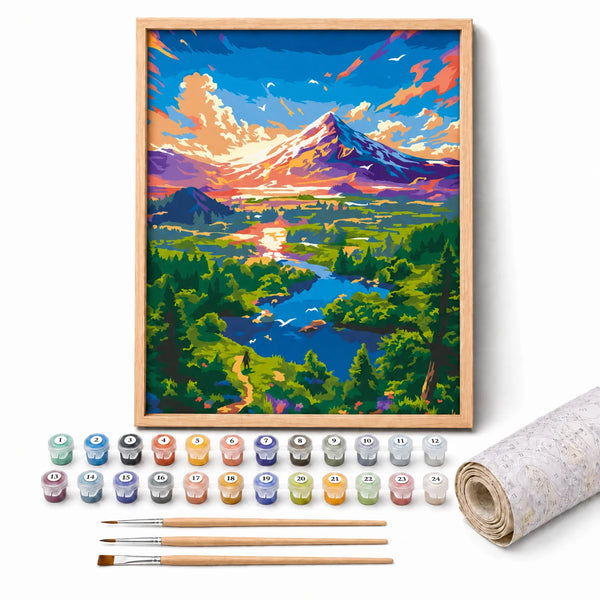 Fuji Valley Paint by Numbers Kit: complete kit with framed artwork, numbered paint pots and brushes