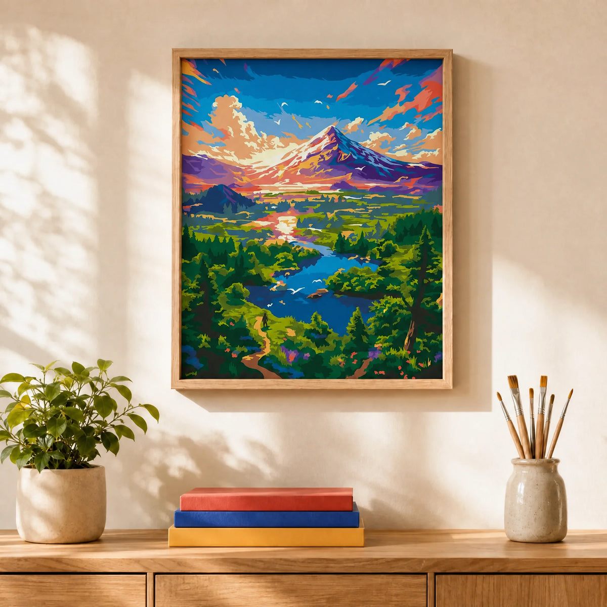 Fuji Valley Paint by Numbers Kit: finished canvas displayed in a living room